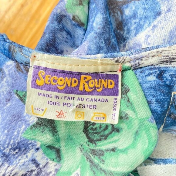 Vintage Abstract Floral Rose print Blue Green Long Sleeve Maxi M - Picture 7 of 8